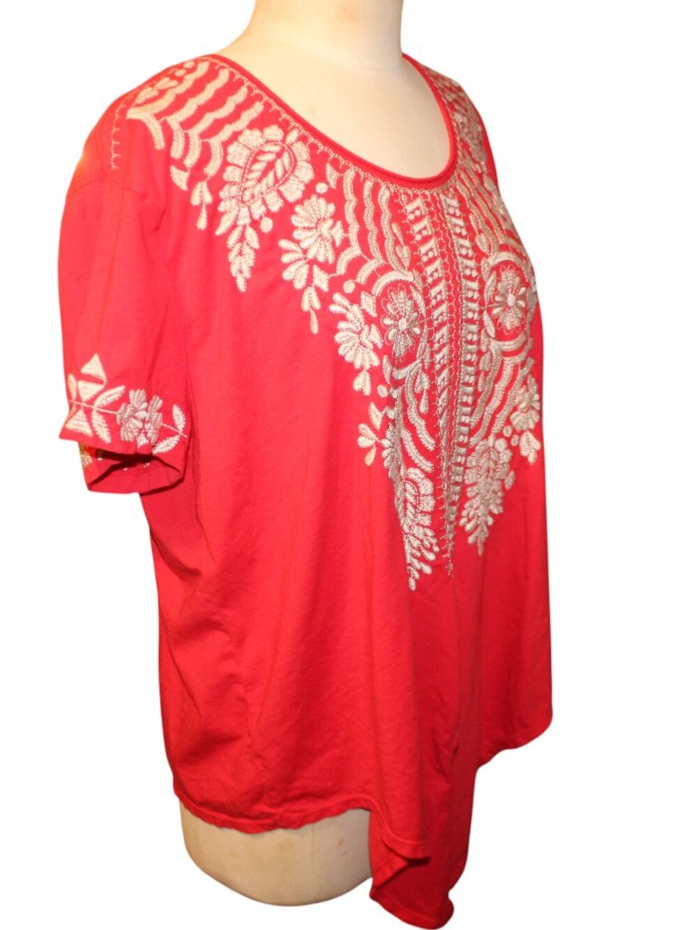 JOHNNY WAS Embroidered Rita Knot Tie Front Top Size XL Red Coral Boho Designer - Picture 9 of 13